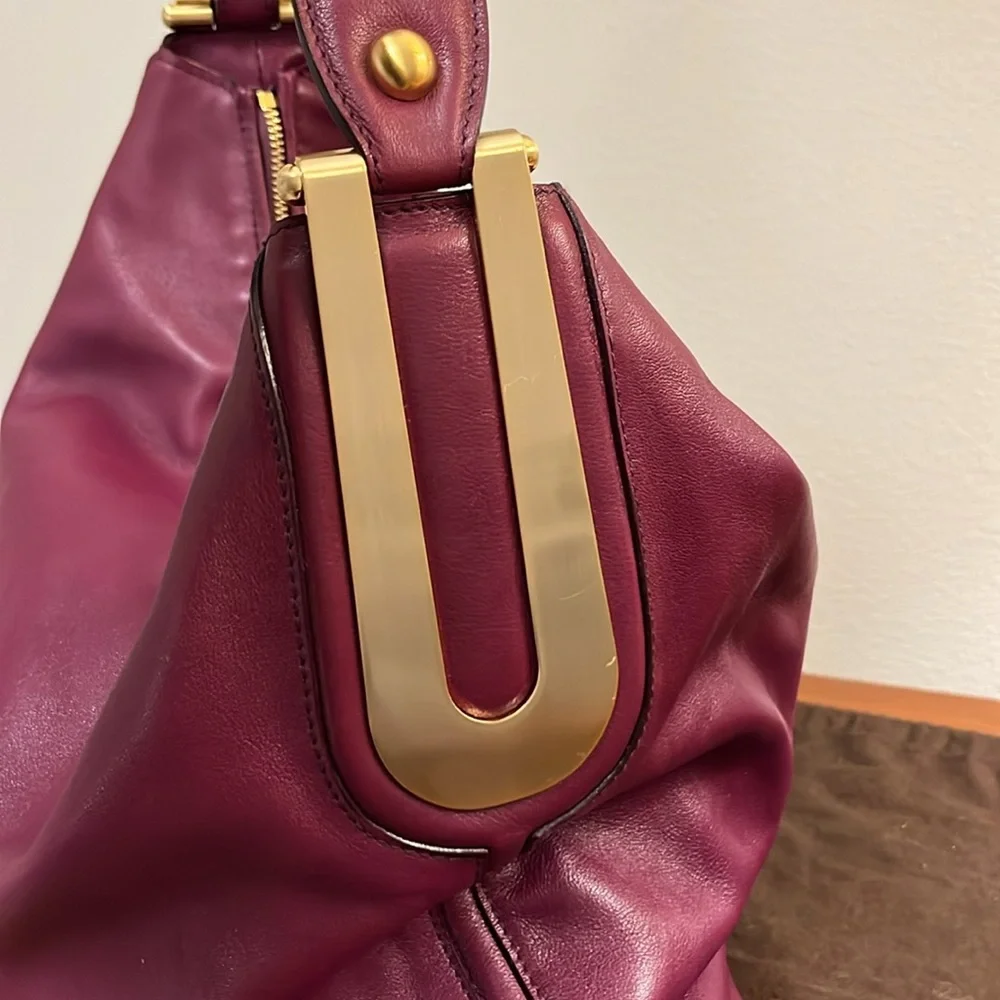 Elie Tahari NWT Leather and Brass Hobo Bag in Auburgine/Eggplant Color